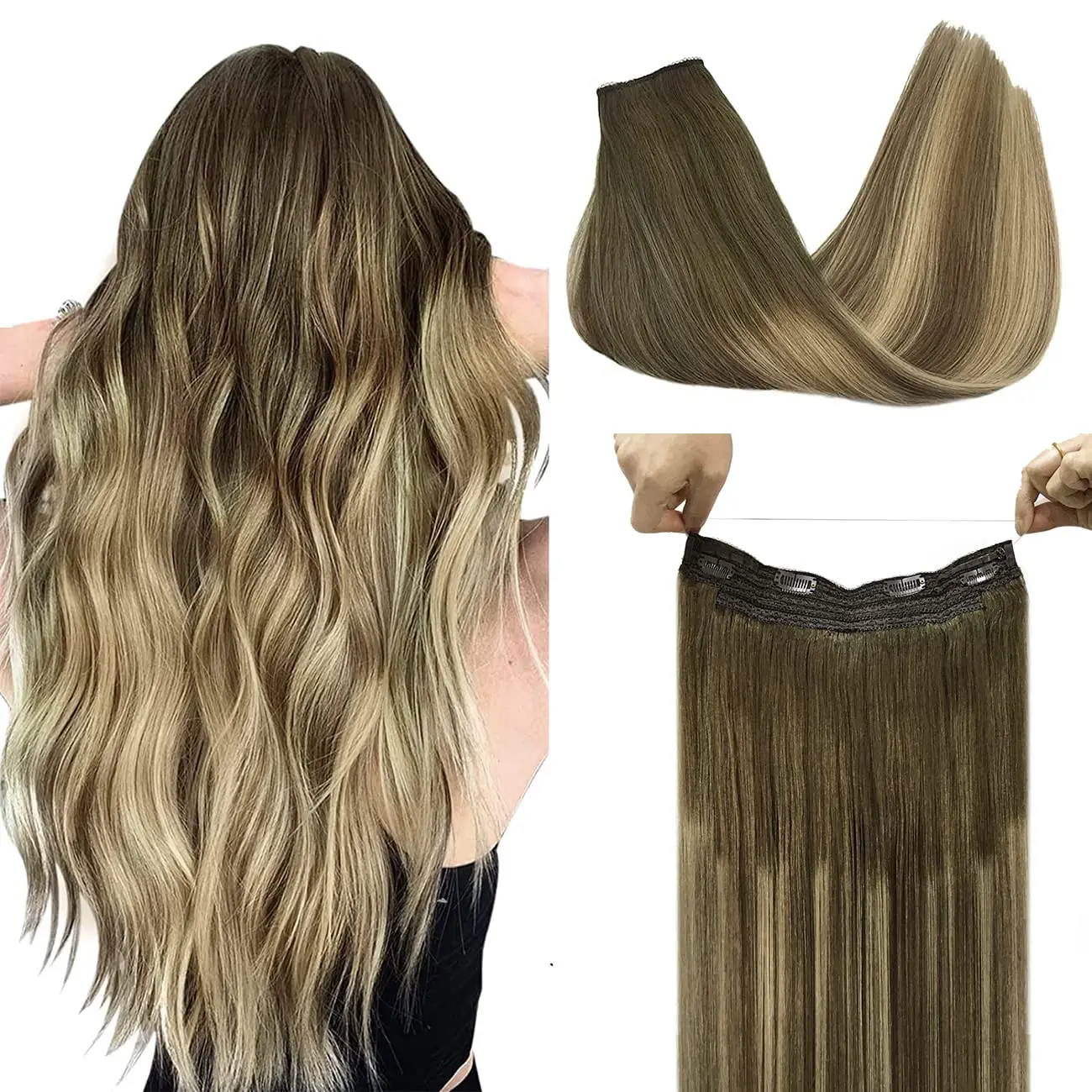 وصلات شعر بشري طبيعي وصلات شعر سلكية غير مرئية مستقيمة ذهبية أشقر Balayage خط صيد ريمي مع 4 مقاطع #1