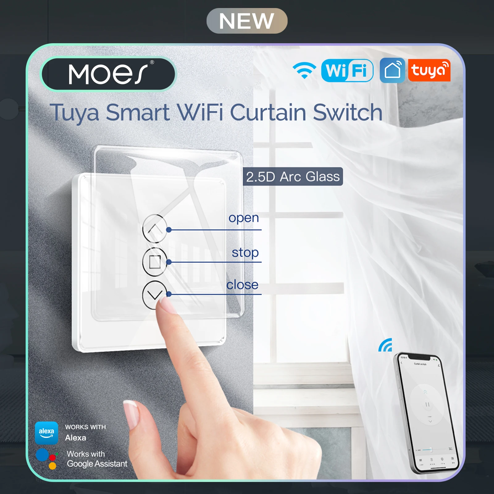 Interrupteur mural intelligent WiFi MOES 2.5D avec panneau tactile en verre incurvé pour rideaux, stores et volets roulants, compatible Tuya, Alexa, Google Home