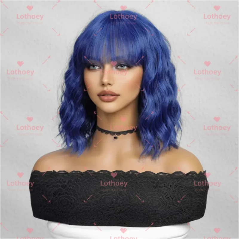 Peluca ondulada con flequillo azul, brillo natural, cómoda, transpirable, ligera, animada, cosplay, festival de música, peluca de cabello humano