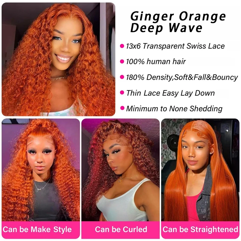 350# Ginger Orange Deep Wave Human Hair Wigs 200% Density 13x6 Lace Front Wig Brazilian Remy Human Hair Water Wave Wig for Women