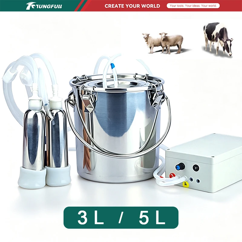 3L/5L Electric Pulsating Milking Machine Portable Vacuum Milker Stainless Steel Bucket for Goat Cow Sheep Farm Household Milking
