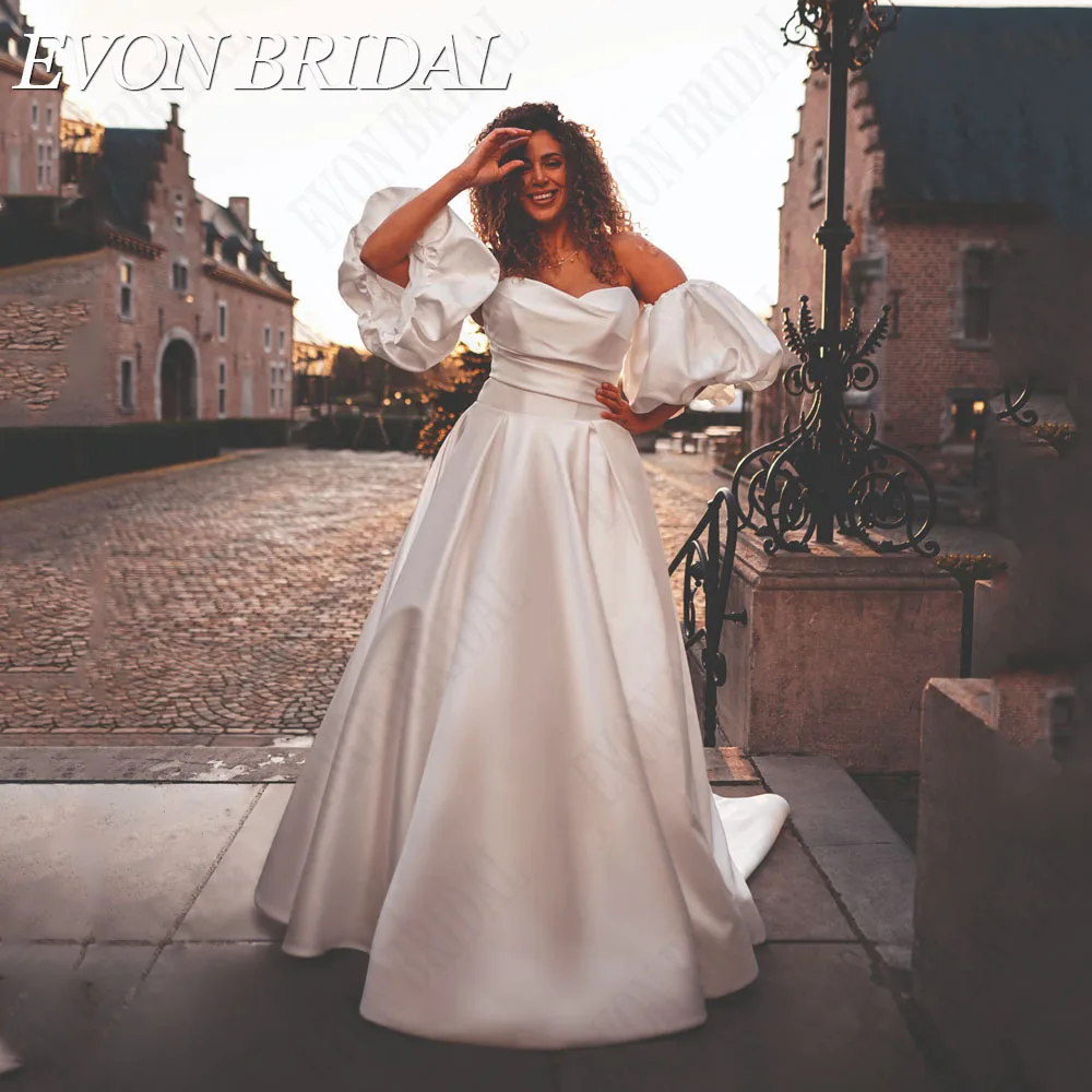 

EVON BRIDAL Elegant Strapless Wedding Dress Plus Size Detachable Puff Sleeves Satin A-Line Bride Gowns vestidos novias boda