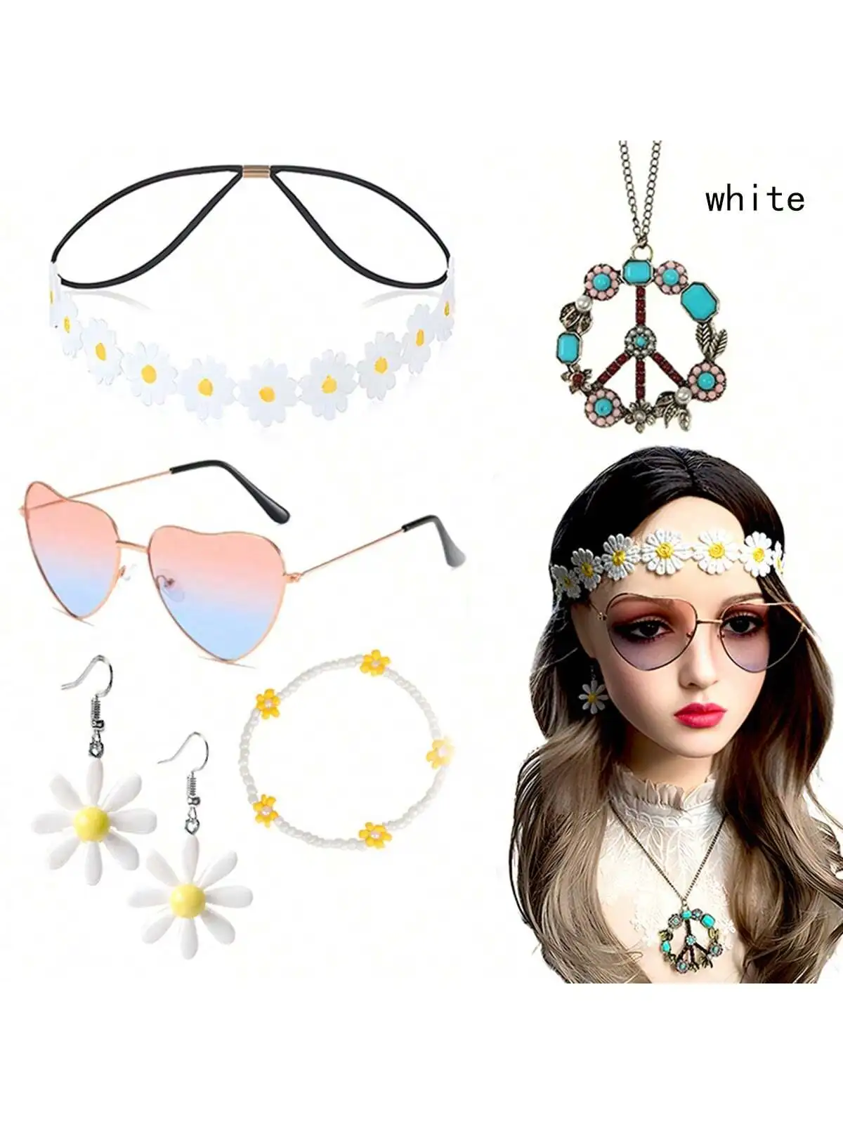 6 Pieces Hippie Accessory Set includes Peace Sign Bead Necklace, Flower Crown Headband, Hippie Sunglasses Party Costume for Wome