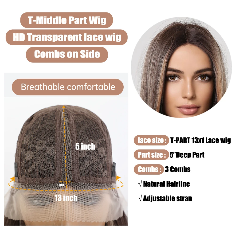 Dark Brown Mixed Golden Lace Front Synthetic Wigs Long Straight Highlight Wig for Black Women Cosplay Transparent Lace Wig