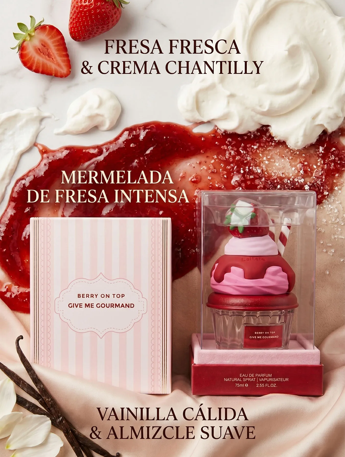Perfume Berry On Top Give Me Gourmand EDP 75ml Perfume Mujer Dulce Aroma Fresa Crema Chantilly Diseñó Cupcake Pastelito Fragancia Arabe Duradera Coquette Vainilla Almizcle Colonia Femenina Regalo Lindo Original