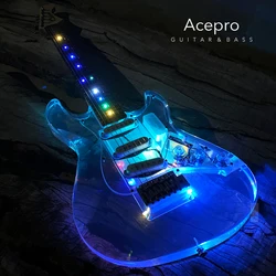 In Stock Acepro Colorful LEDs Light Electric Guitar, Acrylic Body Crystal Guitar, Transparent Pickguard, Free Shipping Guitarra