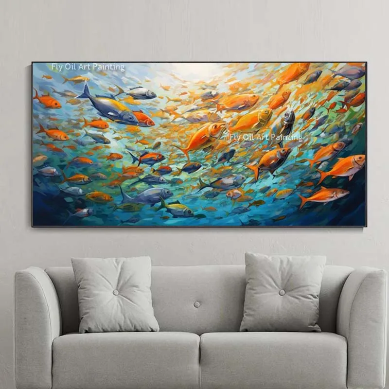 Large Original Colorful Fishes Oil Painting Hand Painted Ocean Scape Canvas Artwork Abstract Blue Sea Painting Boho Wall Decor