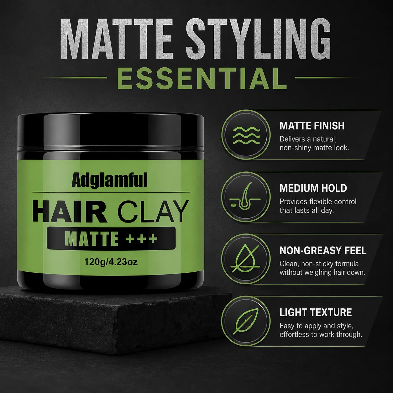 Adglamful 120g Matte Hair Styling Clay Water Based Easy Wash Non Shiny Strong Hold Texturizing Hair Mud Wax For Men Natural Look