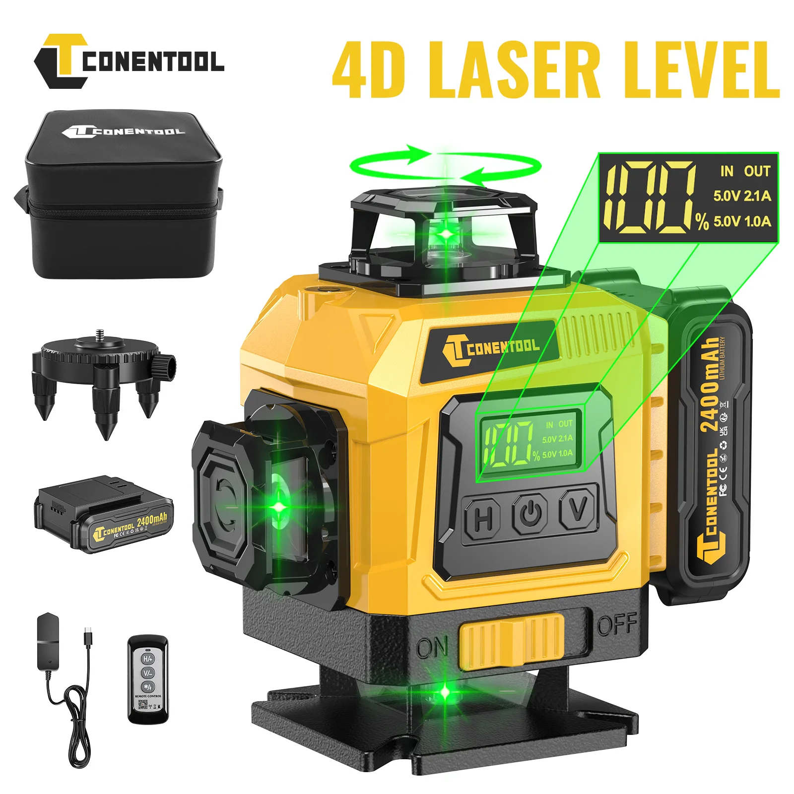 CONENTOOL 4x360 ° Kit livella laser a raggio verde per interi ambienti, livella laser a croce autolivellante a 16 linee con display LCD, precisione ±1,5 mm/5 m, doppia batteria da 3600 mAh, ricarica