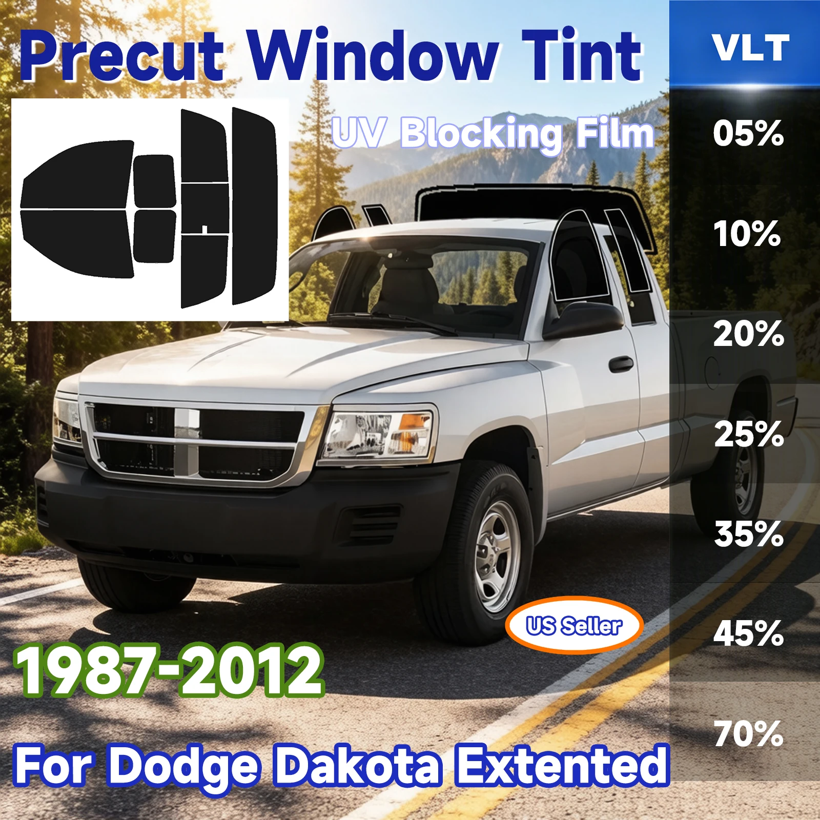 

Precut Window Tint Car for Dodge Dakota Extended 1987-2012 Auto Sun Uv Blocking Heat 2Ply Window Protector Privacy Films Shade