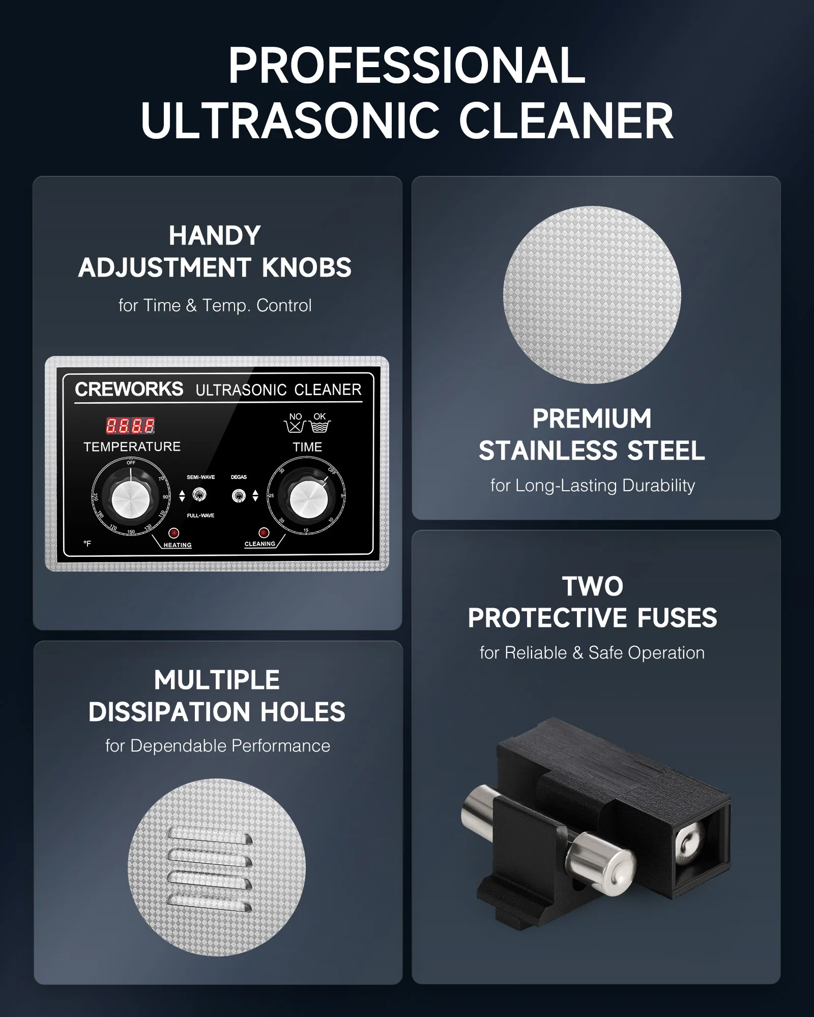 CREWORKS 2L-30L Ultrasonic Cleaner Knob Control Digital Sonic Cleaner with Timer & Heater & Degas & Gentle Modes