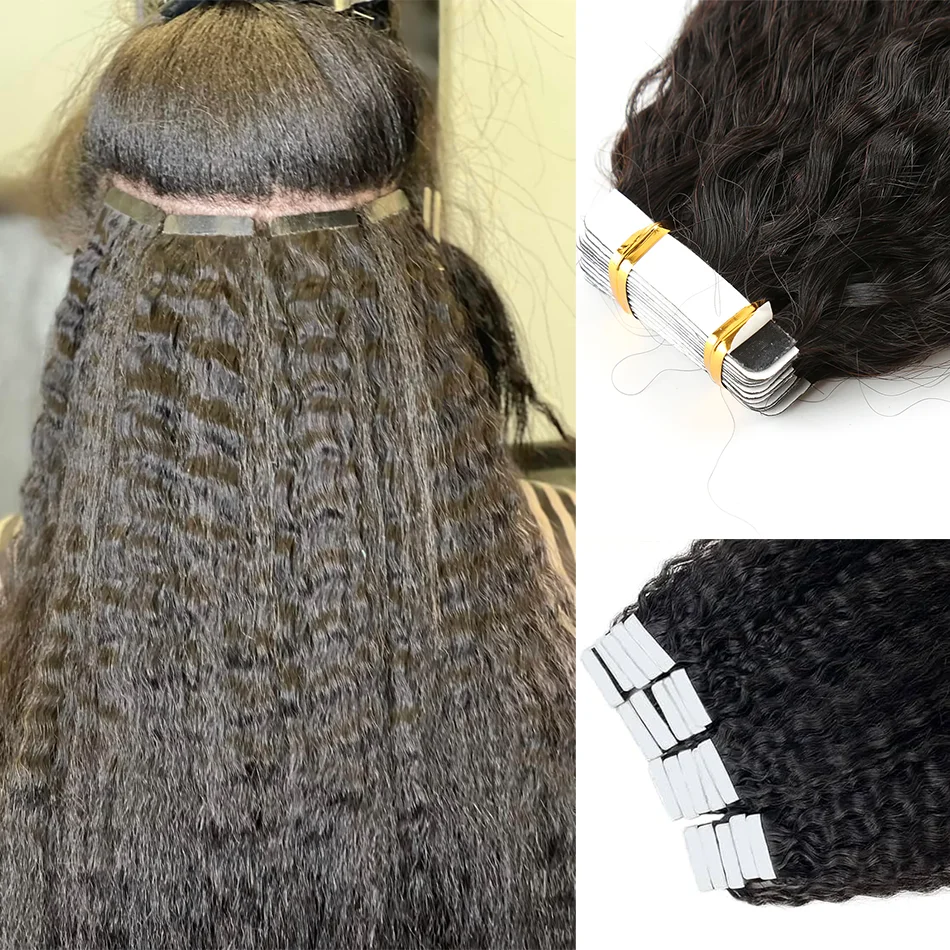 

Kinky Straight Tape in Human Hair Extensions 40PCS Cuticle Remy Natural Black 1B For Woman Tape In Human Hair 22 24 26inch