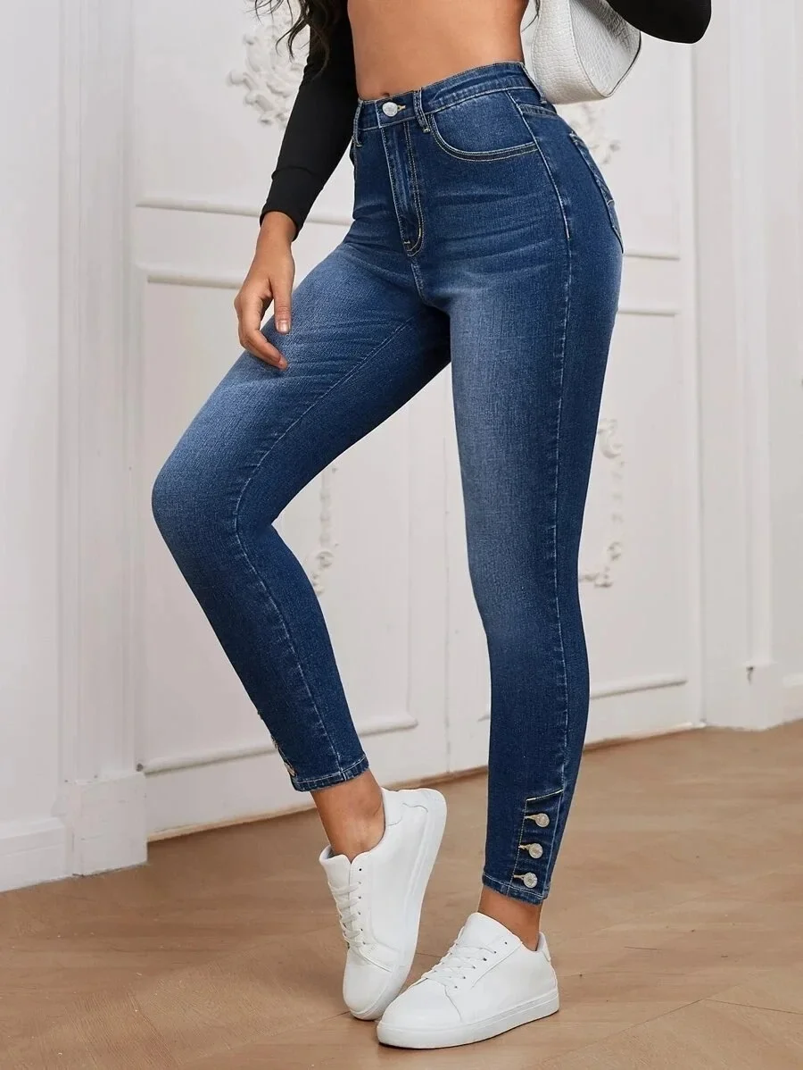 Jean slim quatre saisons pour femmes, nouvelle tendance, boucle élastique, tempérament européen et américain, bouton décoré, taille haute