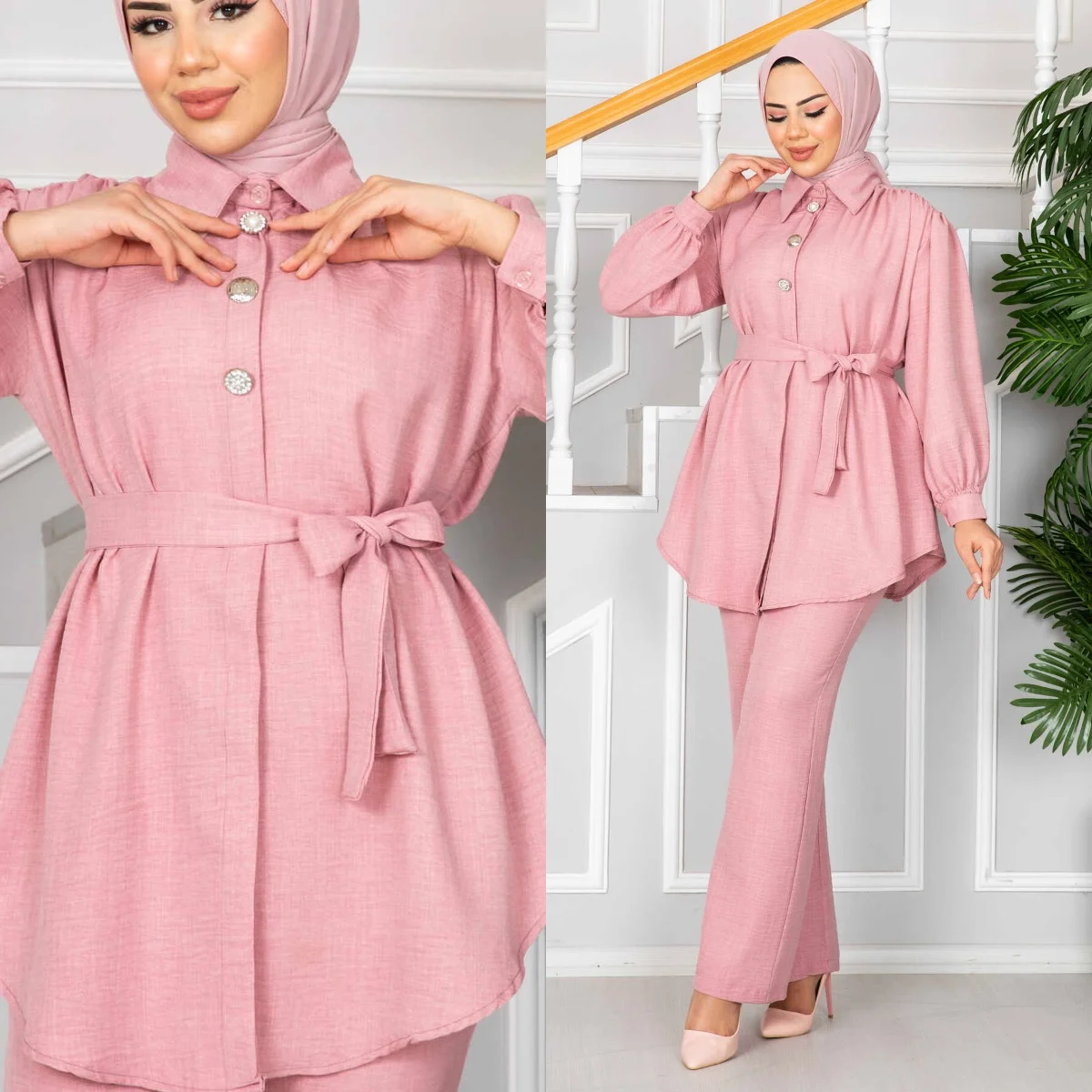 

Belted Suit Turkish Muslim Long Women Dress Abaya Turkey Sets Fashion Hijab Islamic Tunic 2023 casual jilbab Ramadan