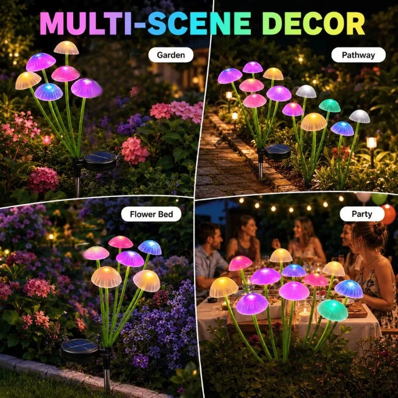 Outdoor Solar Mushroom Stake Lights 6 LED Lamp Heads Per Light Waterproof Decor Lights for Backyard Lawn Flower Bed 1/2pcs