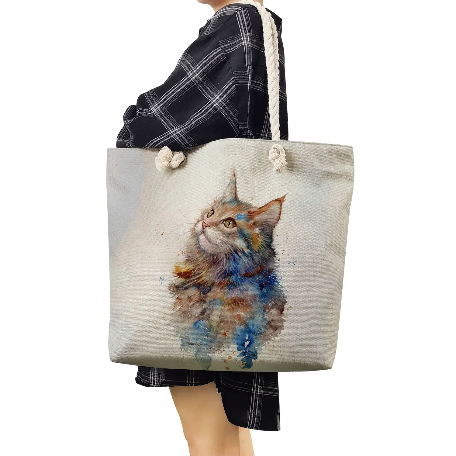 Senhoras saco de compras portátil bonito gato pintura a óleo das mulheres designer saco grande capacidade bolsas personalizado alta qualidade grosso corda tote