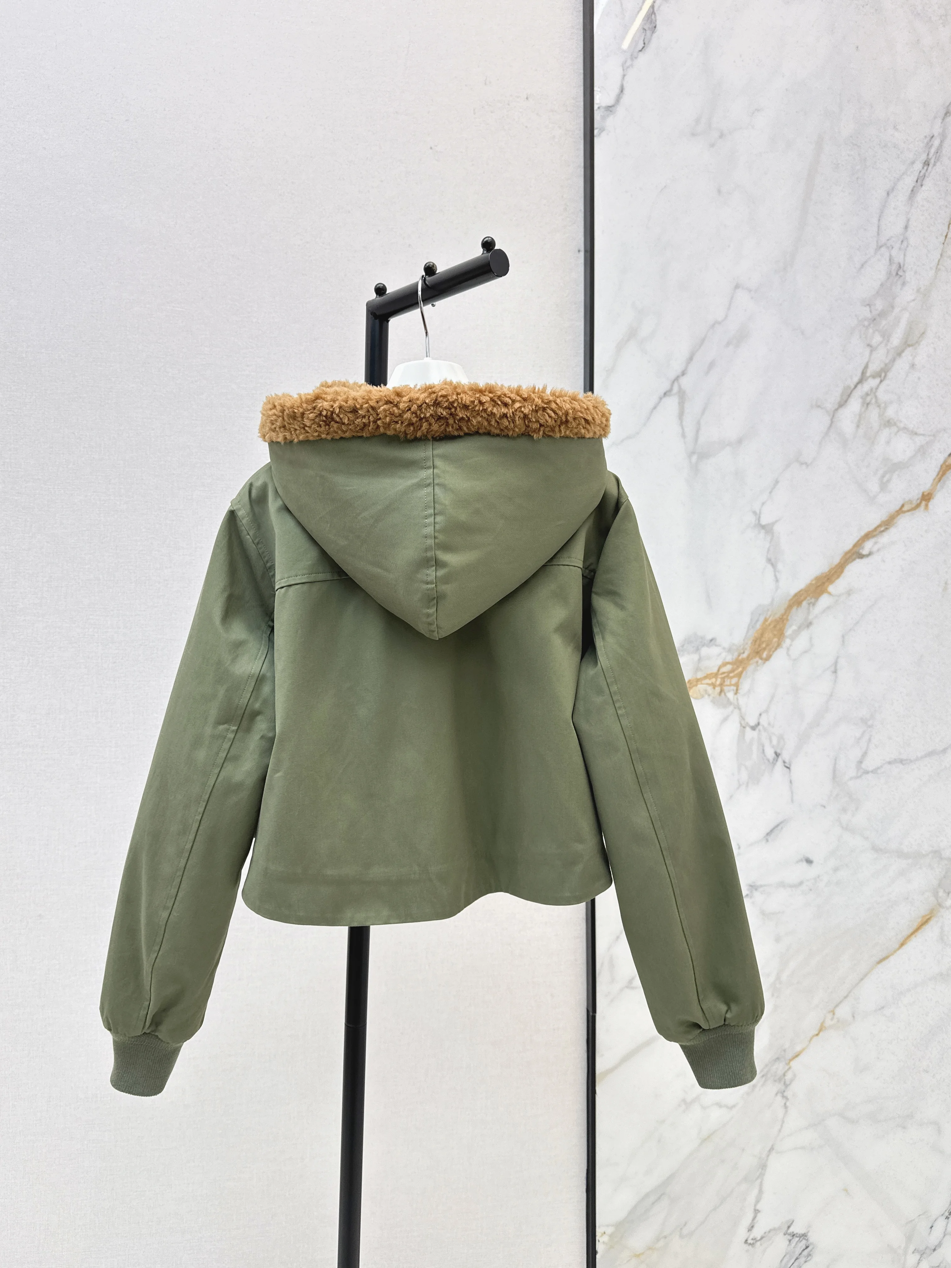 

2025 Autumn And Winter New Women Clothes Green Parka Small Cotton Jacket Wool Hooded Detachable Jacket