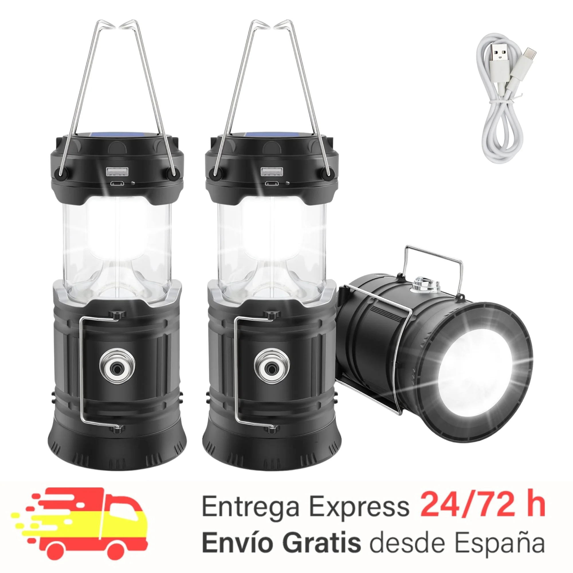 2X folding LED lamp. Solar Flashlight with emergency battery. Waterproof Camping lantern. Flashlight for Camping, house, car. Solar or USB rechargeable spotlight (Cable included)