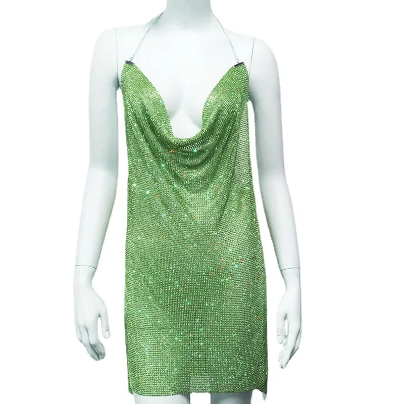 Women Gold Silver Black Backless Halter Drape Diamond Dresses Green Pink Rhinestone Chainmail Side Slit Mini Dress