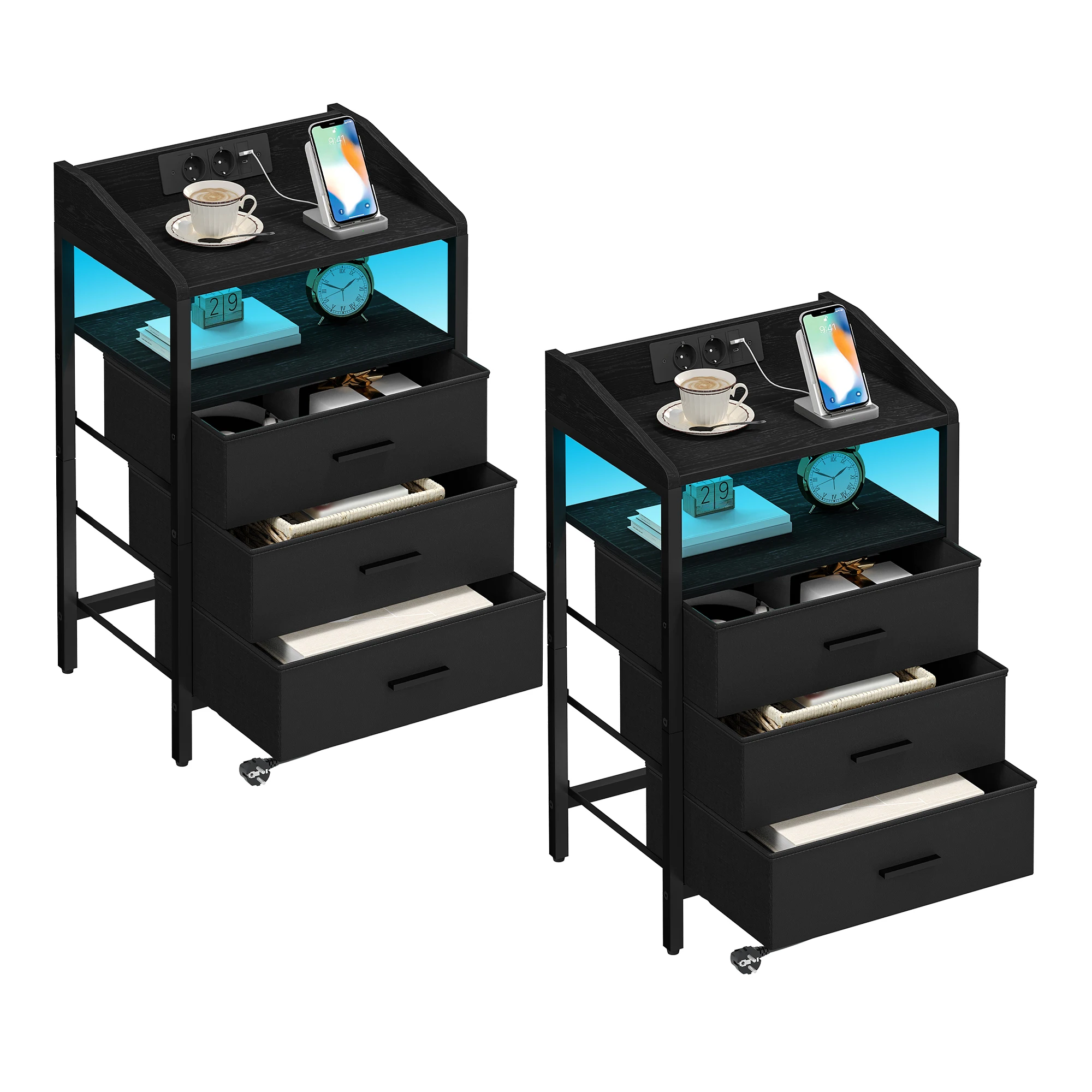 Hzuaneri Lot de 2 tables de chevet avec lumières LED et station de recharge, table d'appoint avec 3 tiroirs et étagères en tissu, avec ports USB