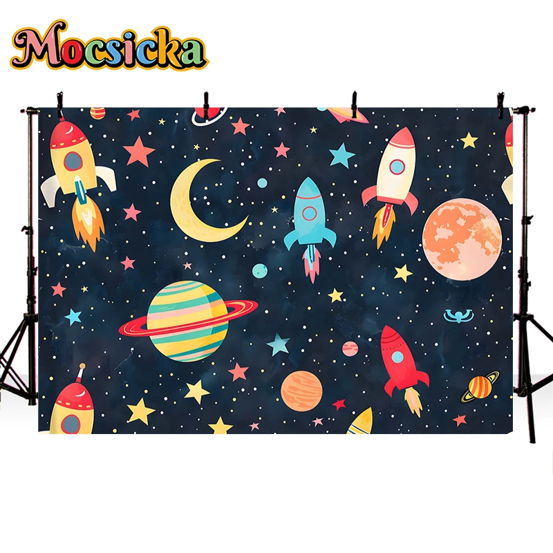 Mocsicka Photography Background Space Planet Rocket Decor Boy Birthday Party Newborn Shower Kids Portrait Backdrop Photo Studio