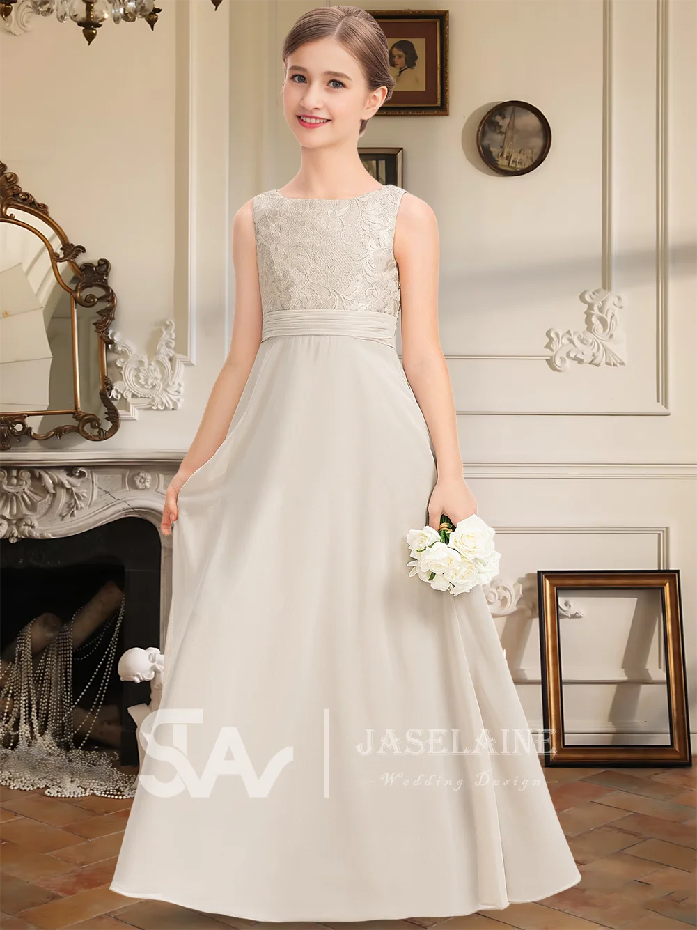 فستان وصيفة العروس أنيق للصغار دانتيل شيفون على شكل حرف A طول الأرض فستان فتاة الزهور للفتيات فساتين حفلات الزفاف الرسمية