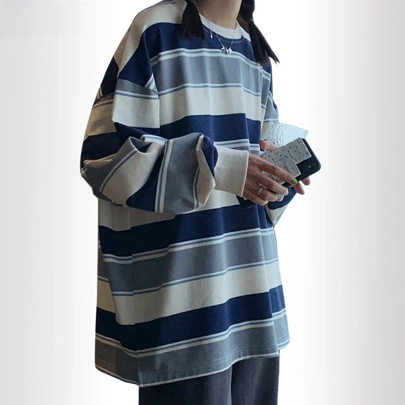 Wiosna jesień bluzy z kapturem w paski moda damska bluza z kapturem z długim rękawem bluza Harajuku sweter bawełniany swetry Casual płaszcz oversize — zdjęcie 2