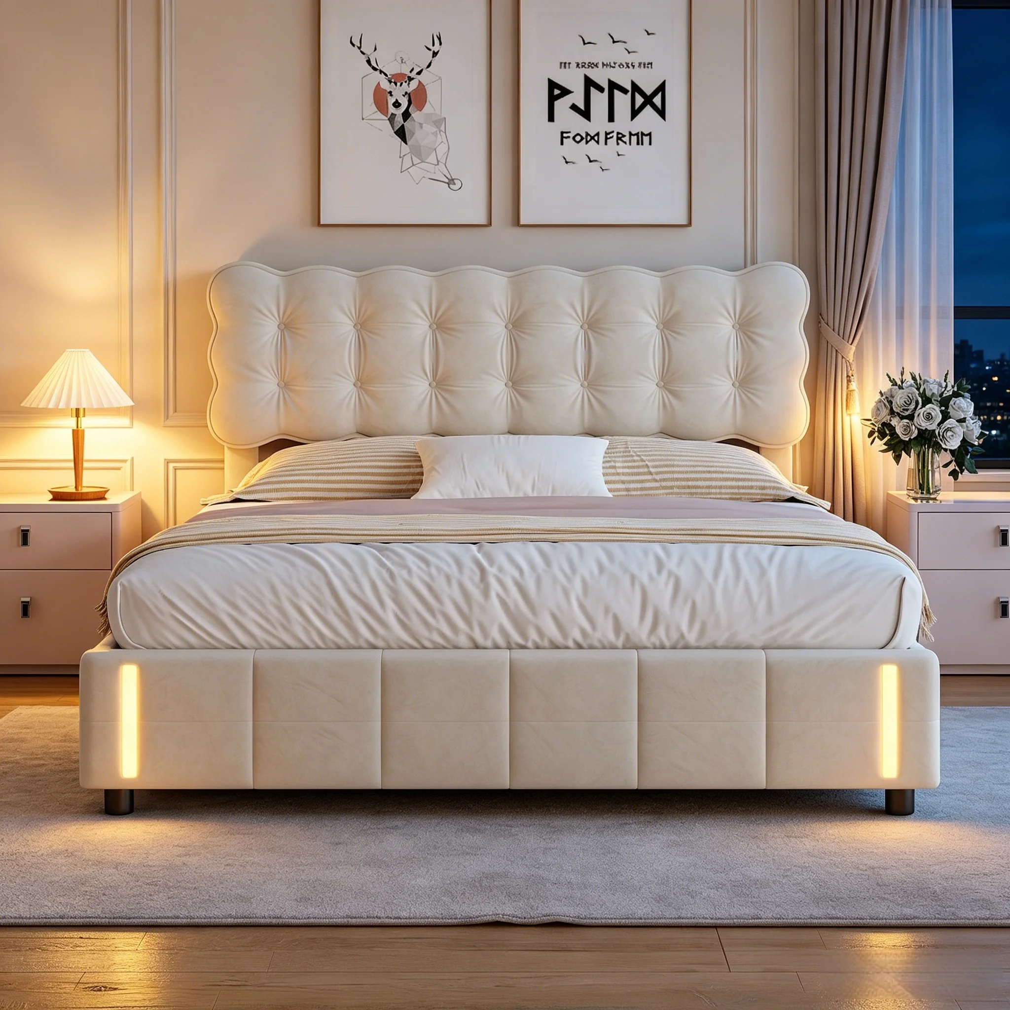 Doppelbett 160x200 cm, mit LED-Beleuchtung, gepolstertes Bettgestell, Stauraum und Lattenrost, Kopfteil, hydraulisches Stauraumbett, Jugendbett, beige, Samt, Matratze nicht enthalten.