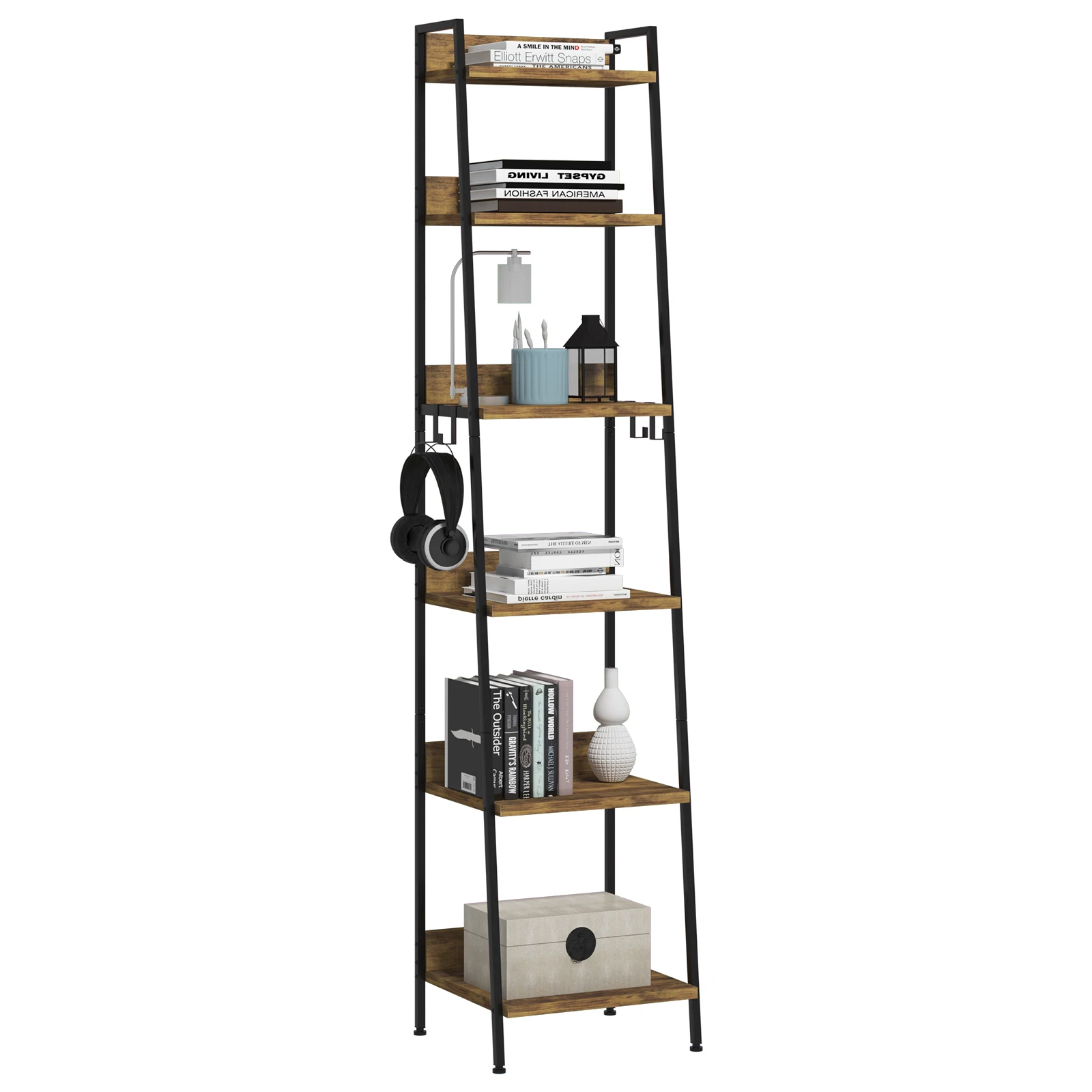 Bookcase Storage Shelf 41x187x36cm 6 Tier Bookshelf with 4 Hooks Industrial Style for Living Room Display Kitchen Home