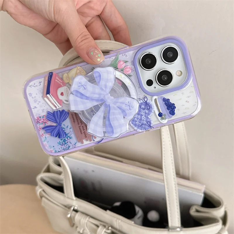 

Korean beautiful flower heart magnetic stand phone case for iPhone 13 Pro 14 15 16 Pro Max 15Pro Magsafe cute bow silicone Funda