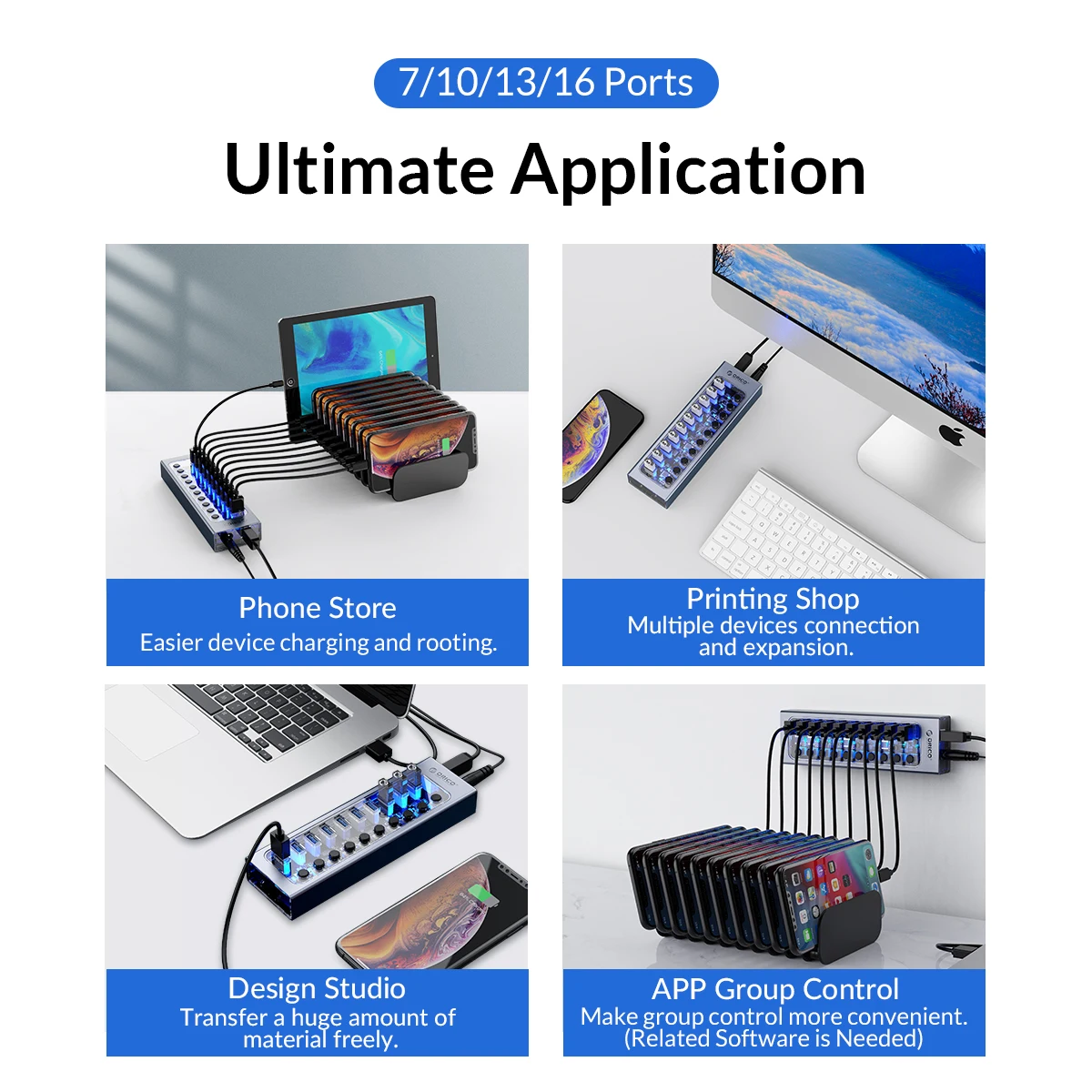 Multi-Port USB Hub with Independent On/Off Switches for Each Port, Convenient Power Control for Desktop Use