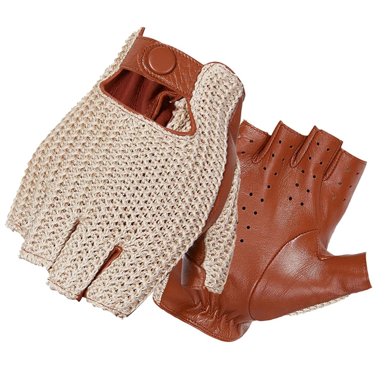 Genuine Sheepskin Leather Driving Gloves for Men, Keep Warm, Knitting Mittens, Half-Finger, S3527