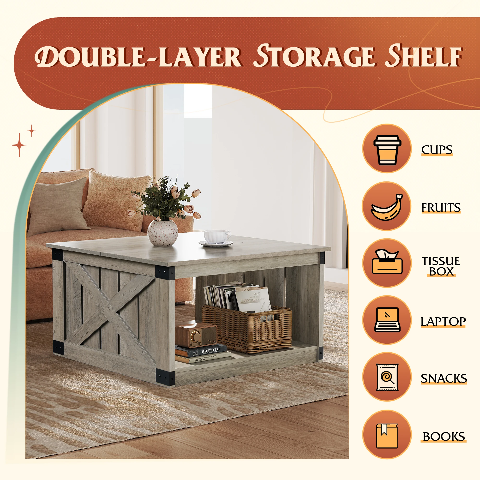 Coffee Table, Farmhouse Coffee Table with Open Storage, 31.5" Wood Square Living Room Tables, Rustic Dining Cocktail Center Table for Living Room, Greige image 6
