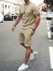 Traje informal de verano para hombre, camiseta de manga corta transpirable y pantalones cortos con cordón, Conjunto de camiseta de moda urbana de verano