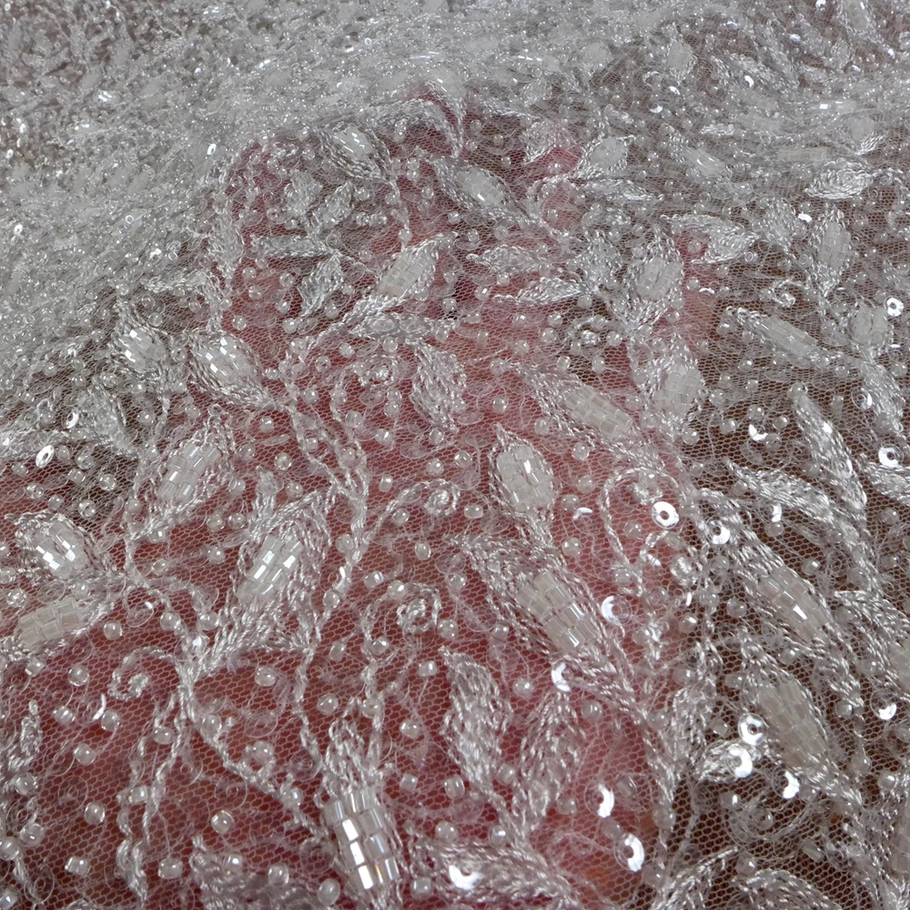 

HelluyerDc Off white Small leaves beaded lace fabric,simple embroidery for wedding prom dress fabric ,can be use as lining