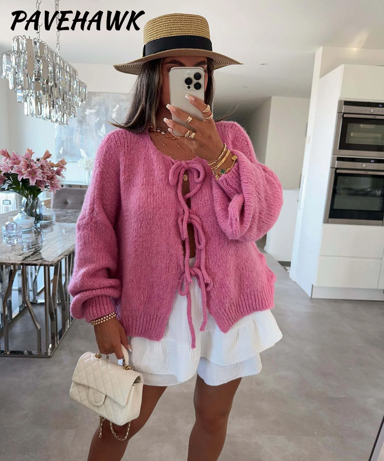 Women O Neck Lace Up Knitted Cardigan Long Sleeve Tie Front Loose Casual Knitwear Elegant Autumn Winter Streetwear Sweaters