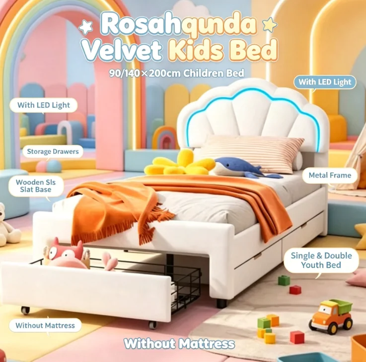 Rosahqnda Samt-Kinderbett 90/140x200cm, Kinderbett mit LED-Beleuchtung & Stauraum-Schubladen, Metallrahmen mit Holzlattenrost, Einzel- & Doppelbett für Jugendliche, Weiß, ohne Matratze