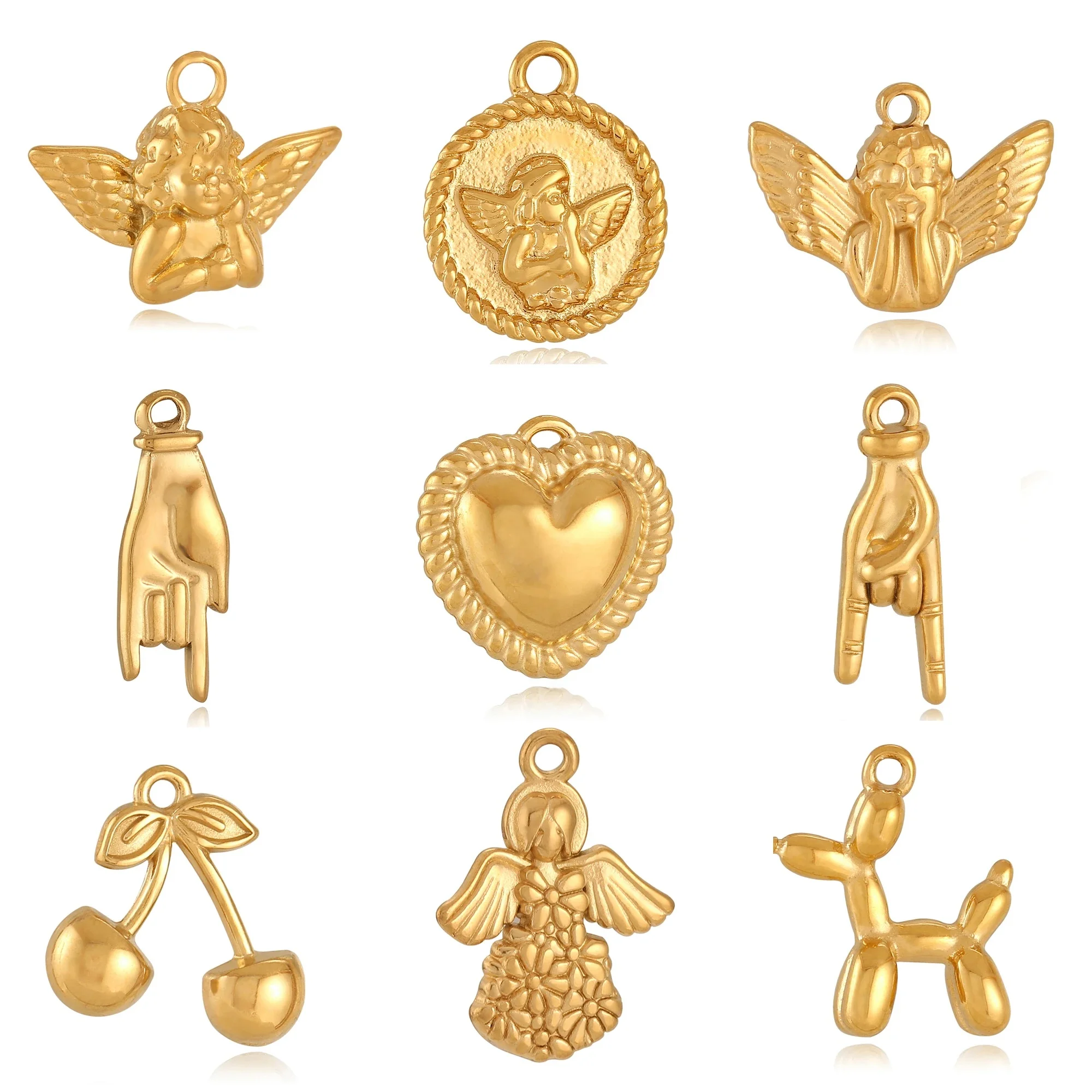 Breloques en acier inoxydable de haute qualité, cœur d'amour, ange et main, ne se décolore pas, convient pour bracelet, collier, pendentif, cadeau de bijoux à bricoler soi-même, 3 pièces par lot