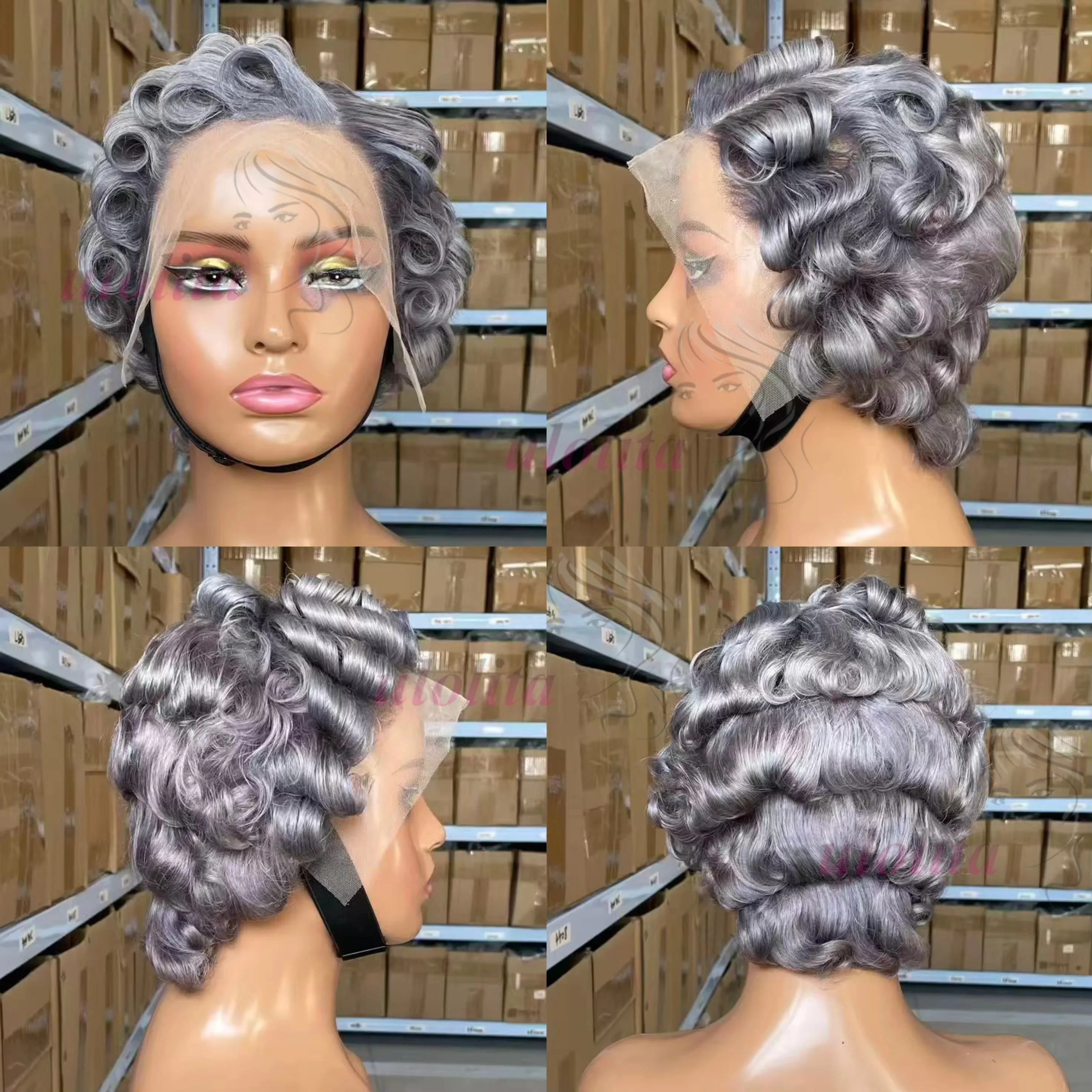 Salz- und Pfeffergrau gelockte Echthaarperücken für schwarze Frauen 13x4 kleberlose graue Echthaarperücke Rose gelockte Pixie-Cut-Perücke Echthaar – Detail 1
