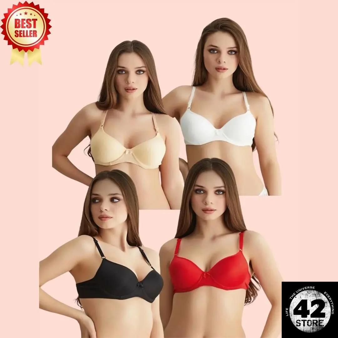 

4 Piece Stylish Padded Bra Set White Black Nude Red