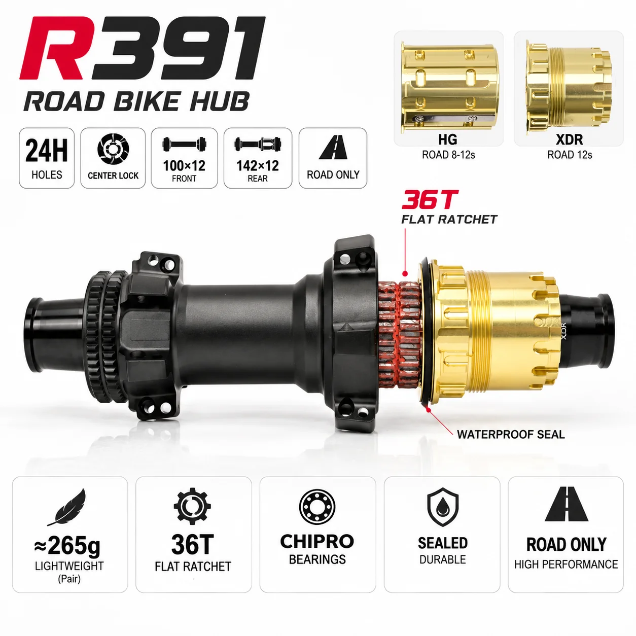 GOLDIX R391 Rennrad-Naben 24H Center Lock 36T Flachratchet 100x12 142x12 HG XDR Leichtgewicht 265g Fahrradnaben-Set für Rennradfahren – Detail 3