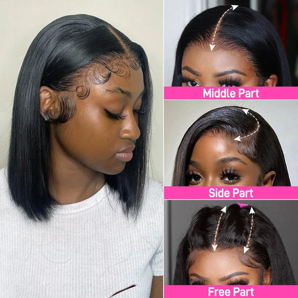 13x4 em linha reta laço frontal bob peruca pré arrancado 100% perucas de cabelo humano brasileiro remy osso em linha reta curto bob peruca para mulher 14 Polegada