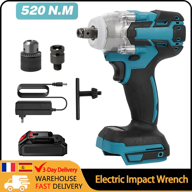 520N.M Brushless Cordless Electric Impact Rechargeable French 1/2 inch French Power Tools Compatible For Makita 18V Battery