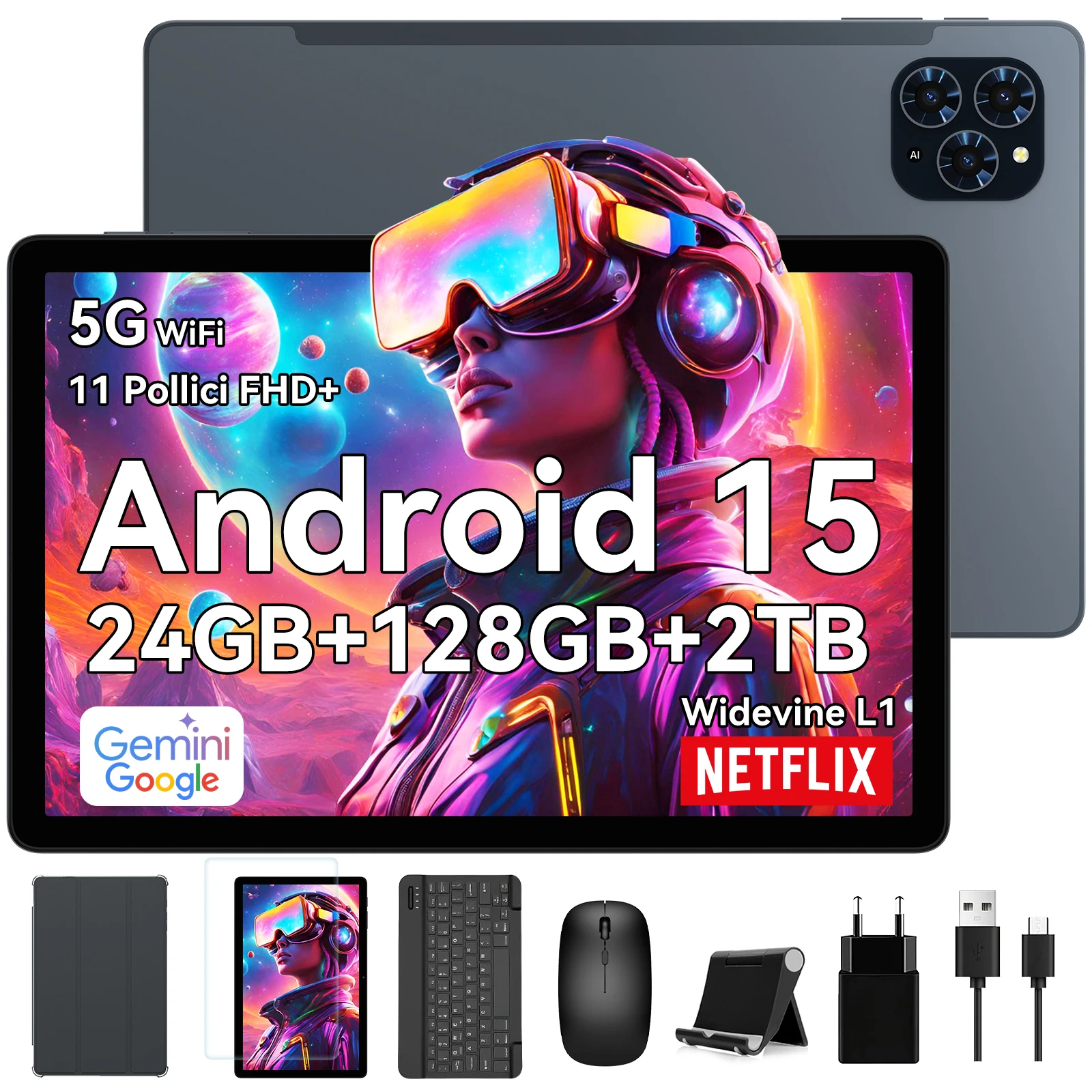 TABWEE T90 Android 15 Tablet met BT-toetsenbord, muis - Gemini AI, 24GB (8+16) RAM 128GB ROM, Octa Core T615, Gaming Tablet 11 inch - afbeelding 2