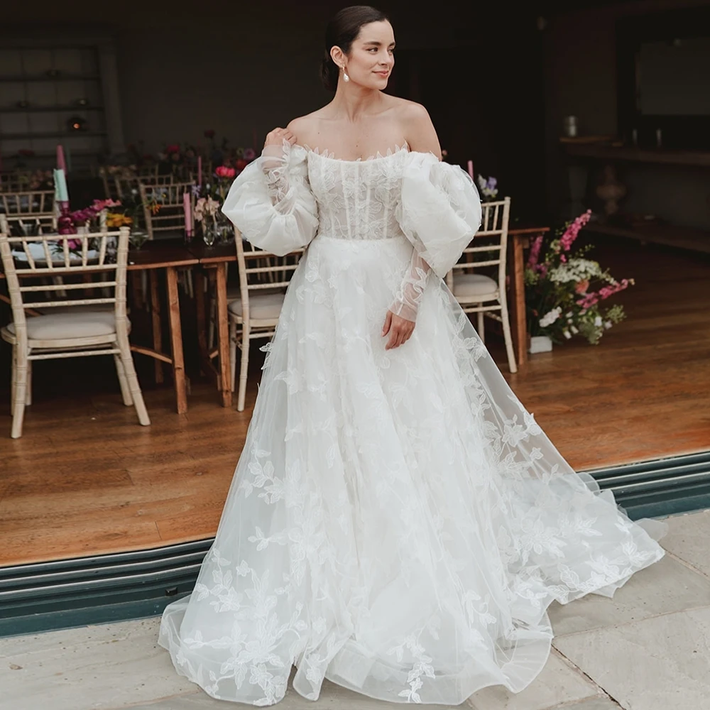 20273 # splendido abito da sposa a trapezio con maniche a sbuffo con spalle scoperte per la sposa 2024 abito da sposa in pizzo con applicazioni romantiche su misura