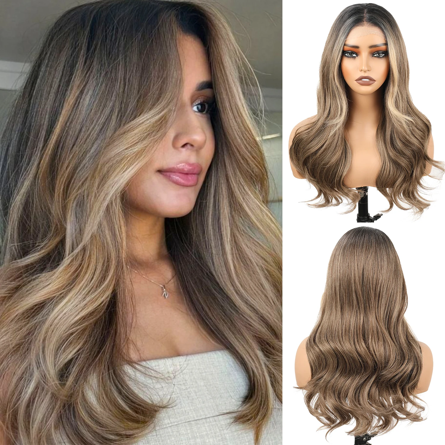 

Коричневый парик с кружевной отделкой, женский стиль, волнистый синтетический парик 13x4, с темными корнями, термостойкий, подходит для повседневной носки.