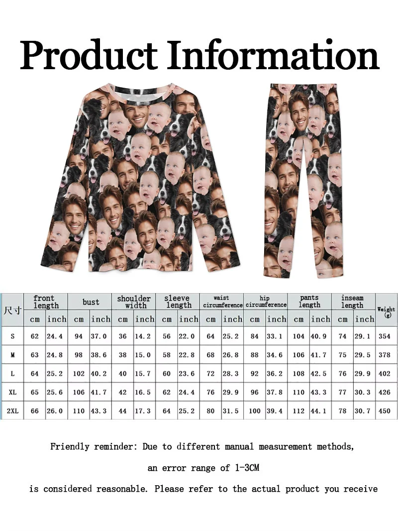 Benutzerdefinierte Frauen Pyjamas mit Gesicht Homewear Benutzerdefinierte Frauen Langarm Pyjama Set personalisierte Geschenk Familie Paar Haustier