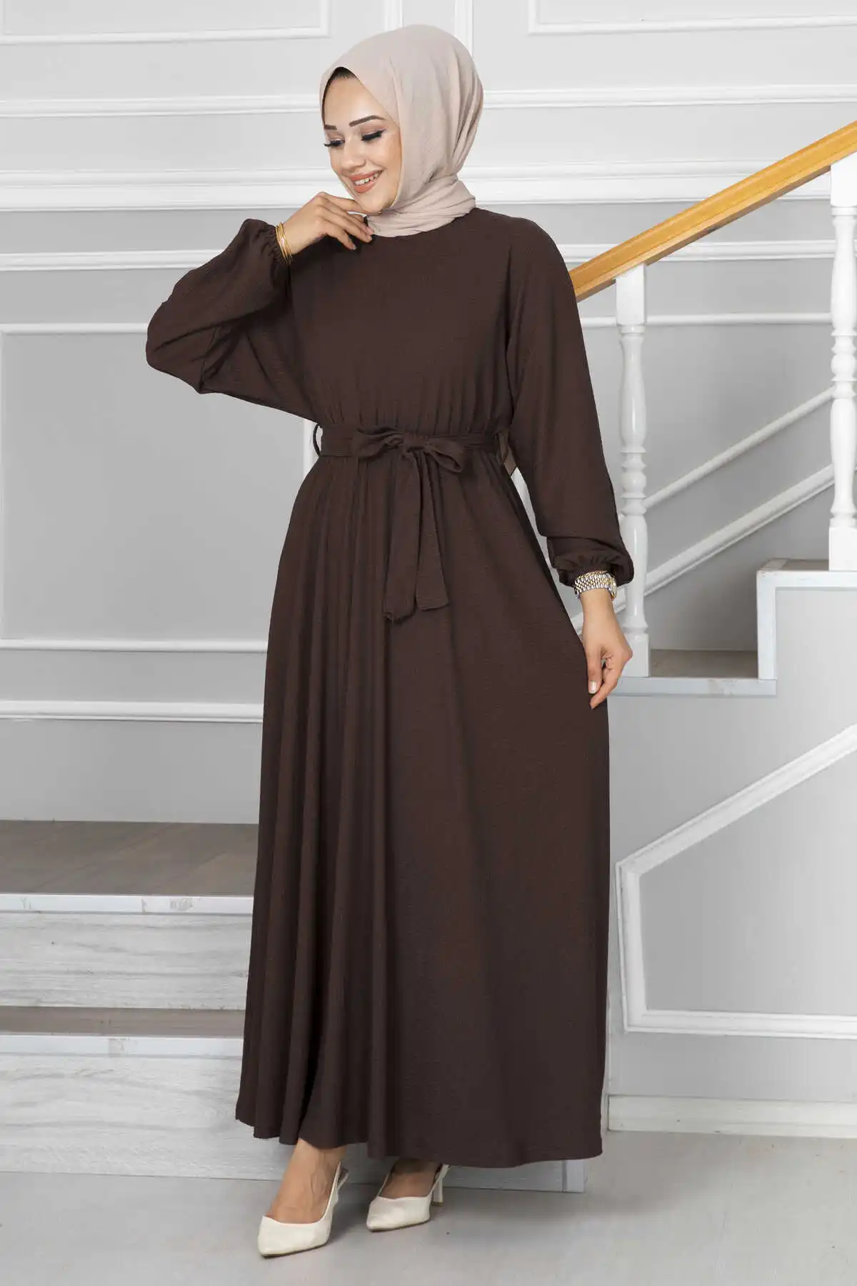 Waist Belted Hijab Dress Under Abaya Inner Long Slip Solid Color Smocked Cuffs Islamic Clothing Muslim Casual Dubai Hijab