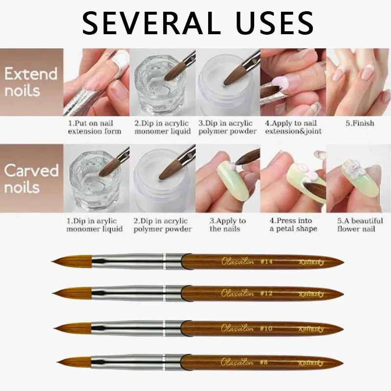 Pennello per unghie acrilico Kolinsky, manico in legno di sandalo Pennello per unghie di alta qualità Pennello per manicure Dimensioni dello strumento # 8-14
