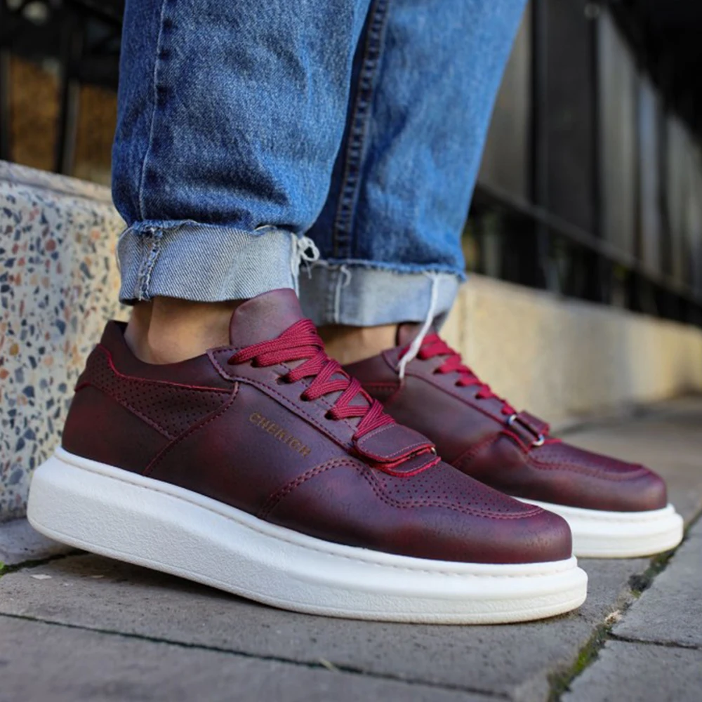 FOH Store Sneakers for Men BURGUNDY Artificial Leather 2023 Spring Autumn Casual Lace Up Fashion Shoes High Base Sport Comfortable Light Daily Original Canvas Odorless Orthopedic Suits Office Wedding 073